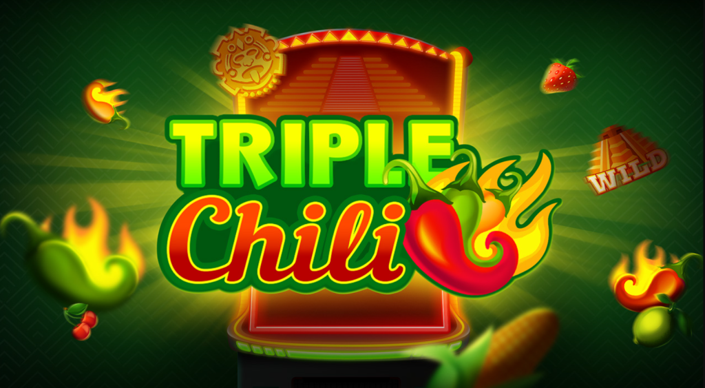 Tela de jogo Triple Chili com tema latino, destacando pimentas vermelhas ardentes e símbolos coloridos.