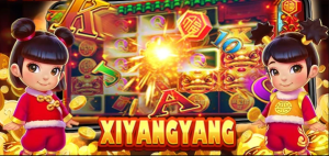 Xiyangyang mostra os rolos e símbolos inspirados na cultura oriental, incluindo um dragão dourado, uma joia preciosa e um pergaminho antigo.